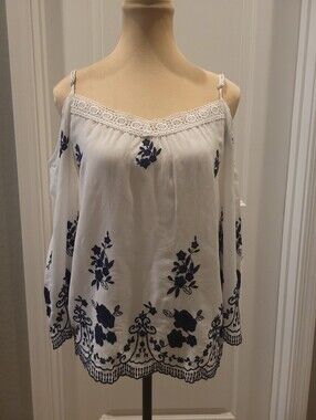 Elegant White and Navy BlueFloral Women's Top